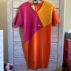 VTG Steve Fabricant Wool Blend Retro Preppy Colorblock Sweater Dress Brooch Sz M